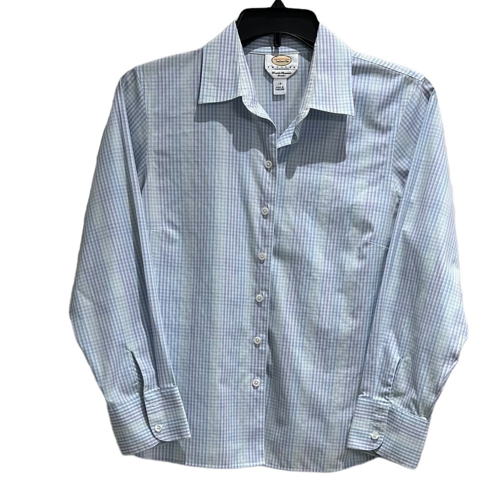 Talbots Petites Wrinkle Resistant Stretch Button Down Blue Blouse/Shirt Size 14